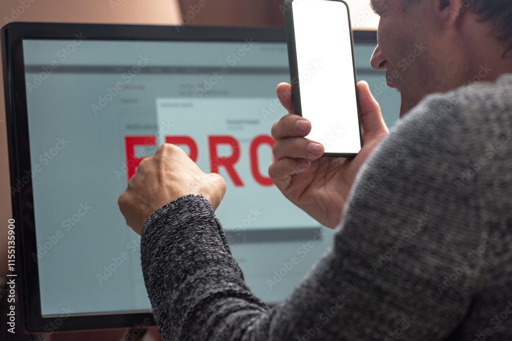 Poster Angry man having computer app crash error calling to tech support. Close-up from behind of a man facing a computer error, displaying a range of emotions while reviewing critical data on the screen