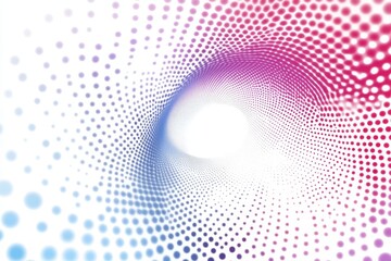 Abstract swirling tunnel of pink, blue, and white dots on white background.