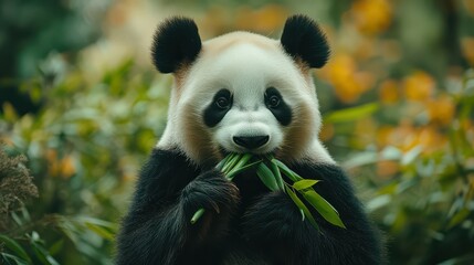 Obraz premium Adorable Panda Eating Bamboo Shoots