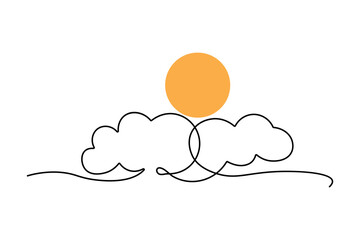Continuous one line sun cloud drawing of outline vector icon
