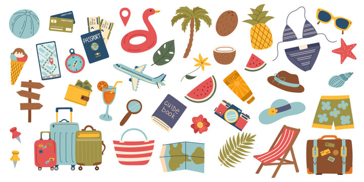 Set of summer travel beach objects isolated on white. Travel and vacation concept. Vector flat cliparts.