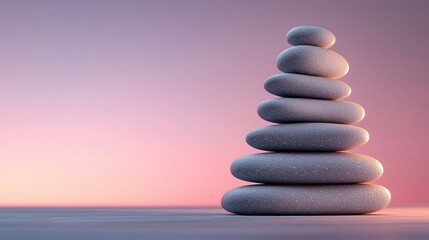 Obraz premium Balance of Rocks Against a Tranquil Pink and Purple Gradient Background at Sunset