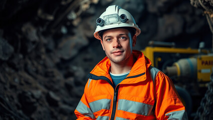Mine Worker in Safety Jacket and Helmet at Underground Mine