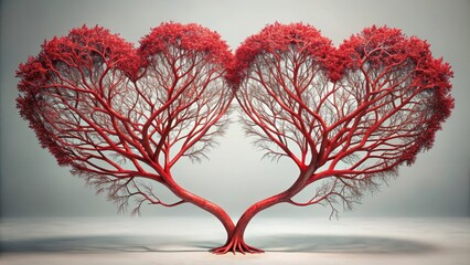 Two red hearts intertwined like the branches of a heart-shaped tree, symbolizing unity and love in nature , romance, tender