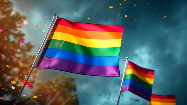 Colorful celebration of pride with rainbow flags and confetti in vibrant setting