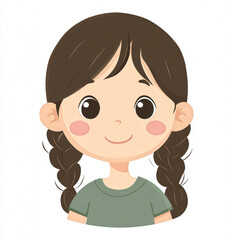 Obraz premium Cute and Happy Cartoon Girl with Braided Hair Wearing a Green Shirt, Featuring a Cheerful Smile and Youthful Innocence in a Playful Doodle Style