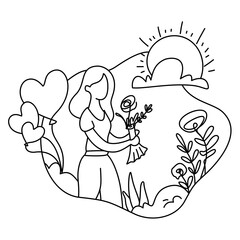 Romantic Couple Under the Sunset
A touching depiction of a couple enjoying a sunset surrounded by nature, hearts, and flowers. Great for anniversary designs, wedding invites, or love themed branding