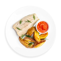 White fish with baked potatoes, on a white background, isolated. Top view.