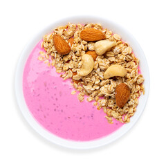 Granola with fruit yogurt and nuts, on a white background, isolated. Top view. Breakfast
