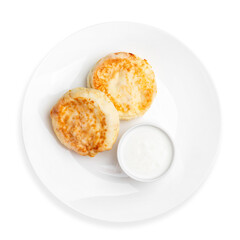Cheese curds with sour cream, on a white background, isolated. Top view. Breakfast