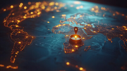 Magnetic compass. and location marking with a pin on routes on world map. Adventure, discovery, navigation, communication, logistics, geography, transport and travel theme concept background
