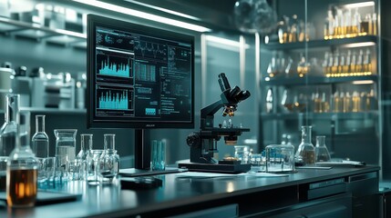 Modern Scientific Laboratory with Microscope and Data Analysis on Computer Screen.