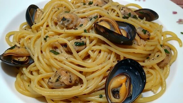 Delicious seafood spaghetti made with fresh clams and mussels served on a white plate