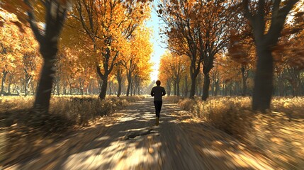 Runner in autumnal forest path.