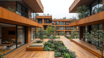 Fototapeta premium Modern architectural courtyard featuring wooden structures and lush greenery.
