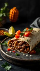 Traditional Mexican food, Beef burritos with meat and beans with vegetable