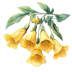 Watercolor Painting of Yellow Flowers with Green Leaves