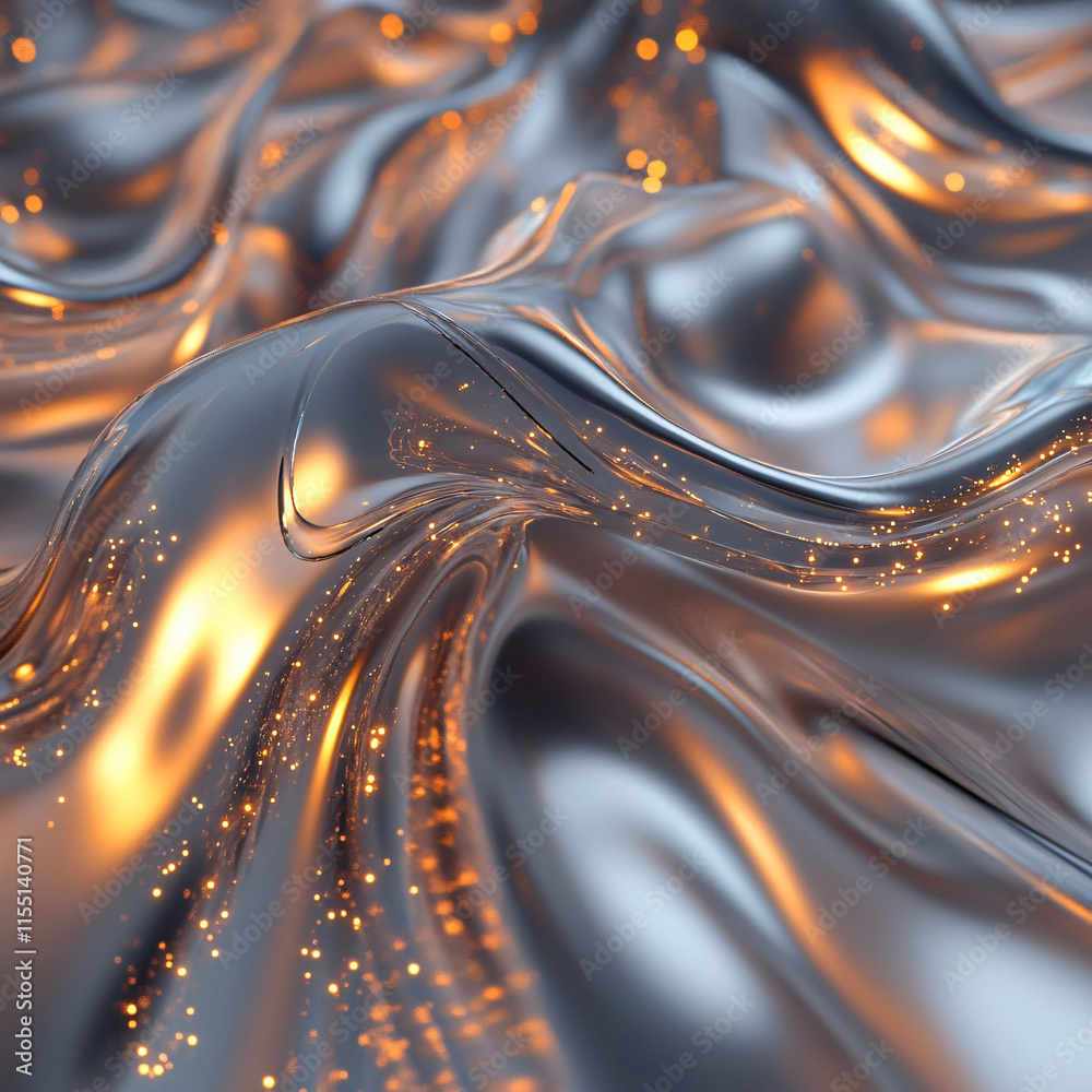 Poster captivating abstract wave pattern with glowing particles in a metallic surface at twilight