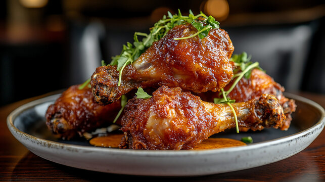 Crispy, glazed chicken drumsticks on a dark plate, garnished with herbs.