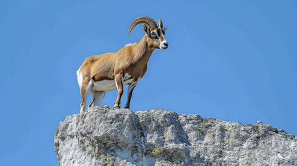 Obraz premium Majestic ibex standing atop a rocky outcrop against a clear blue sky.