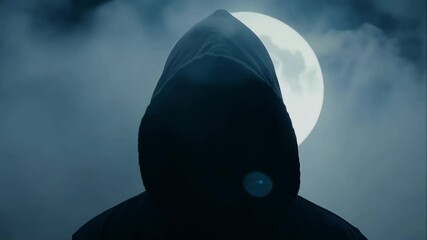 Silhouette of a hooded figure standing in the mist, only illuminated by moonlight, adding a sense of dread,
