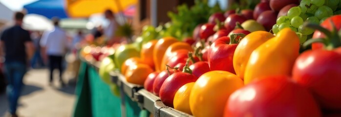 banner design of market scene, promoting fresh produce. colorful display of fruits and vegetables on outdoor market stand, blurred background.