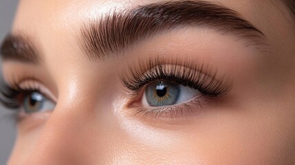 Naklejka premium Close-up of a woman's eye with long, thick eyelashes and well-groomed eyebrows.
