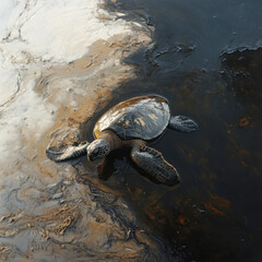 Obraz premium Sea turtle swimming in shallow waters near the shore during sunset hours