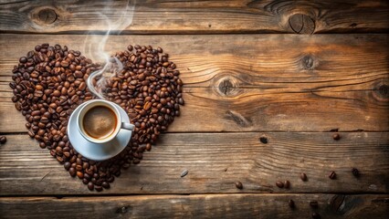 Cozy cup of coffee surrounded by a warm heart-shaped mist, scattered with aromatic coffee beans against a rustic