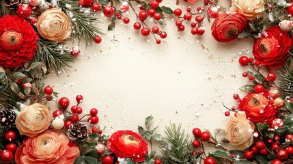 Festive Dragon-Themed Christmas Floral Frame with Red and White Flowers, Berries, and Evergreens for Holiday Decor and Background Use