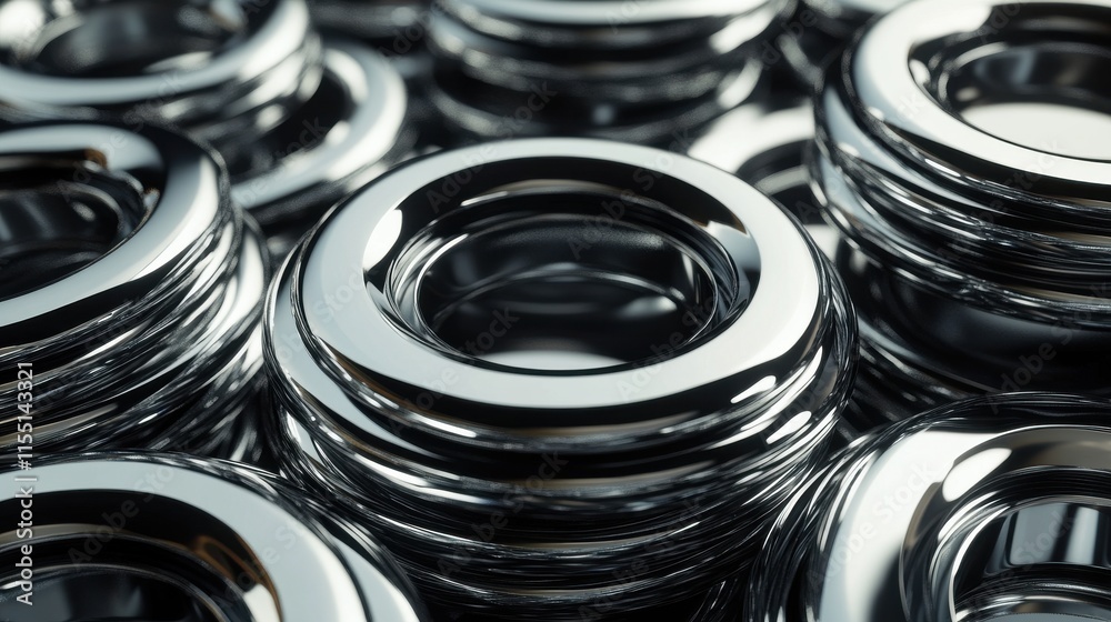 Poster close-up of polished metallic rings reflecting light, creating a mesmerizing pattern of depth and sh