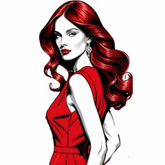 このイラストは、赤いベルト付きのジャケットドレスを着た女性を描いている。ウェーブがかったクラシックなボブヘアとシャープな表情が、力強さとエレガンスを融合させた魅力を放つ。モノトーンを基調にしたスタイルが洗練された印象を与える。