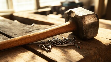 A rustic wooden workbench with a mallet and scattered metal screws, creating a craftsman�s workshop atmosphere.