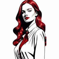 このイラストは、洗練された赤いジャケットと白いドレスを着用した女性を描いている。長い赤いウェーブヘアが彼女の自信と優雅さを強調し、深紅の口紅が印象的な顔立ちを際立たせている。彼女の姿勢は堂々としており、モダンでありながらクラシカルな雰囲気を持つ。