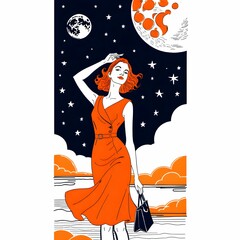 このイラストは、赤いハイネックドレスを着た女性を描いている。クラシックなウェーブヘアスタイルと鮮やかな赤いリップが印象的で、洗練された美しさと力強い魅力を持つ。シンプルでありながら存在感のあるデザインが特徴。