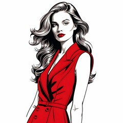 このイラストは、鮮やかな赤いドレスを着た長いウェーブヘアの女性を描いている。深みのある赤髪が目を引き、ドレスのディテールはシンプルながらもエレガント。顔立ちは彫刻的で、表情は知的かつ自信に満ちている。イヤリングがさりげなくアクセントを加え、全体に洗練された雰囲気が漂う。