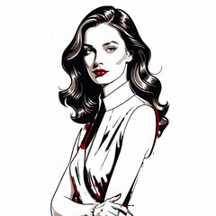 このイラストは、赤いノースリーブドレスを着た女性を描いている。波打つロングヘアが優雅さを引き立て、真っ赤な口紅が印象的な顔立ちを強調している。シンプルながらも洗練されたデザインが、モダンで自信に満ちた女性像を表現している。