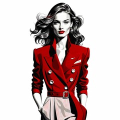 このイラストは、白いシャツに赤いネクタイを合わせた女性を描いている。鮮やかな赤い髪は波打つように流れ、落ち着いた表情と鋭い目線が自信を感じさせる。スタイリッシュで洗練されたデザインが、知的でモダンな印象を与えている。