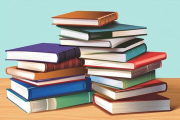 A vibrant stack of colorful books showcasing a variety of sizes and formats, resting on a wooden surface.