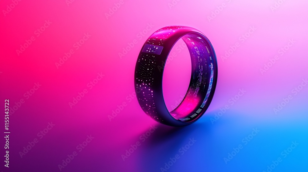 Poster futuristic smart ring with holographic display on vibrant background.
