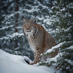 Fototapeta premium A lynx blending into the snow-covered forest in the mountains.