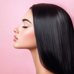 Obraz premium Stunning profile showcasing smooth, glossy hair against a soft pink background
