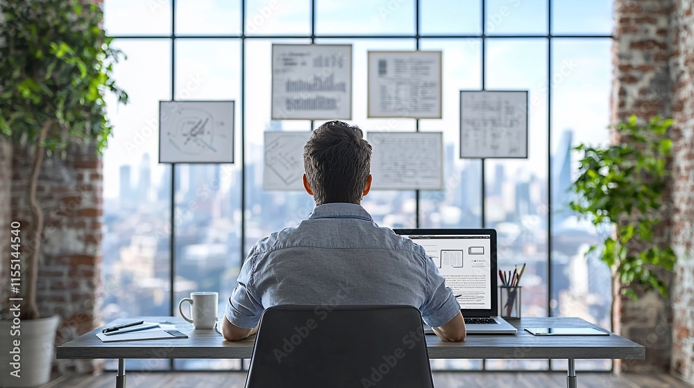 Poster man working at desk overlooking city.
