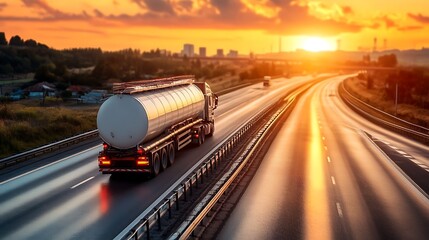 Fototapeta premium Tanker Truck on Highway at Sunset. Concept of Transportation and Logistics.
