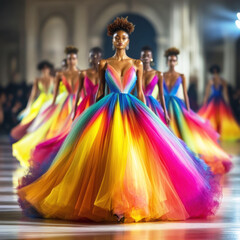 Naklejka premium Models showcase vibrant gowns in a fashion show highlighting rainbow colors in a grand venue during evening hours