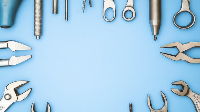 A collection of assorted tools arranged symmetrically on a blue background, ideal for DIY and repair projects.