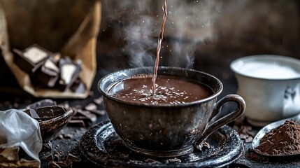 Hot Chocolate Pouring into Rustic Cup with Steam and Ingredients