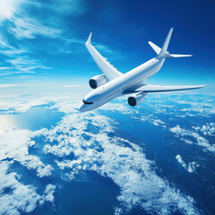 Naklejka premium Soaring above the clouds on a sunny day with a clear view of the earth and ocean below