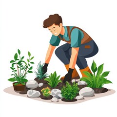 Gardener Arranging Rock Garden Illustration Outdoor Space Flat Design