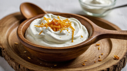 Yogurt, mayonnaise, sour cream in a wooden dish with a spoon, clipping path, full depth of field, isolated on a white background